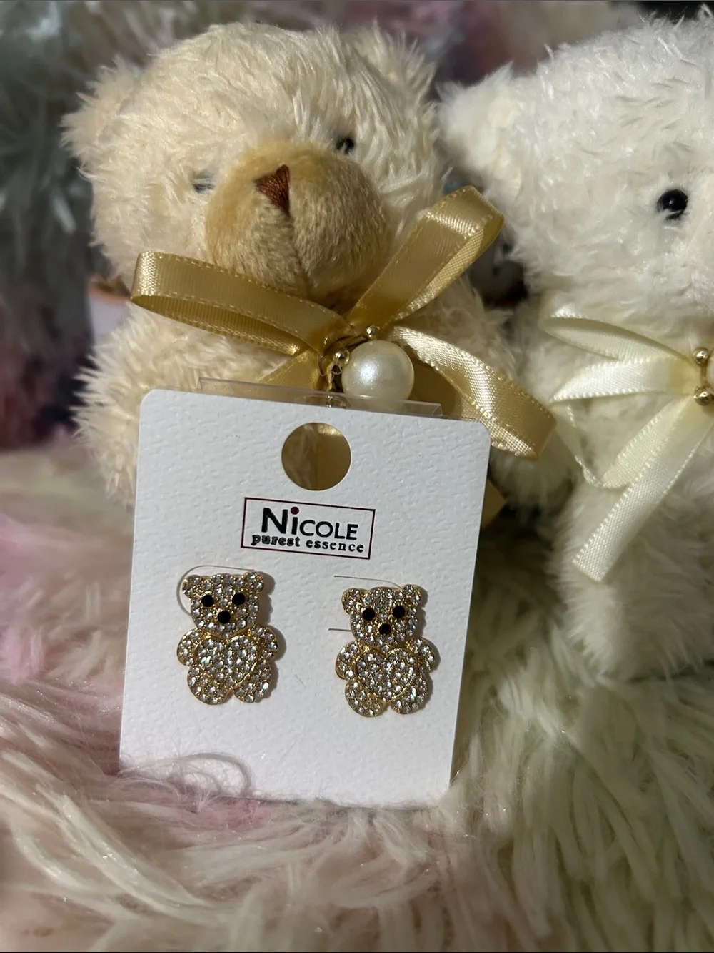Nicole Cream and Gold Teddy Bear Crystal Stud Earrings